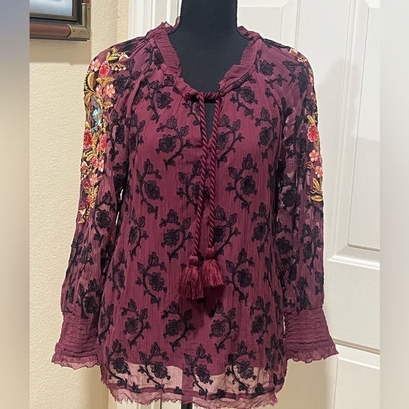 SUNDANCE WOMENS PEASANT EMBROIDERED TOP, WINE COLOR SIZE PS - Picture 6 of 8